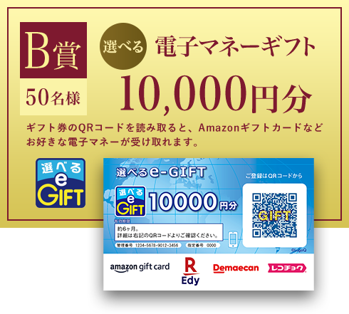 B賞50名様 <選べる>電子マネーギフト10,000円分 ギフト券のQRコードを読み取ると、Amazonギフトカードなどお好きな電子マネーが受け取れます。