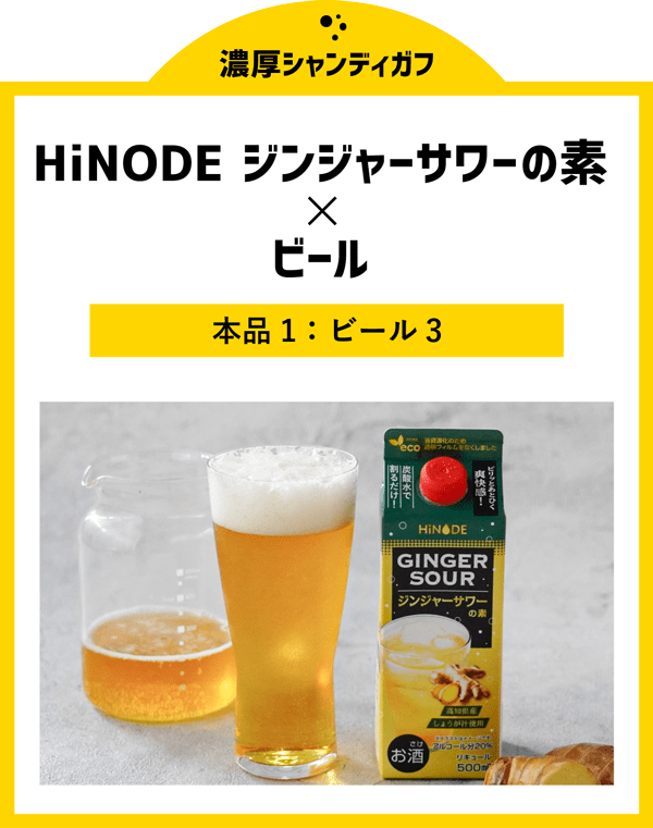 濃厚シャンディガフ　HiNODE ジンジャーサワーの素×ビール　本品1：ビール3