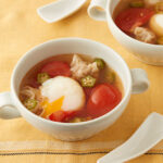 日の出みりんの糖質オフレシピ-トマトワンタン温玉スープ